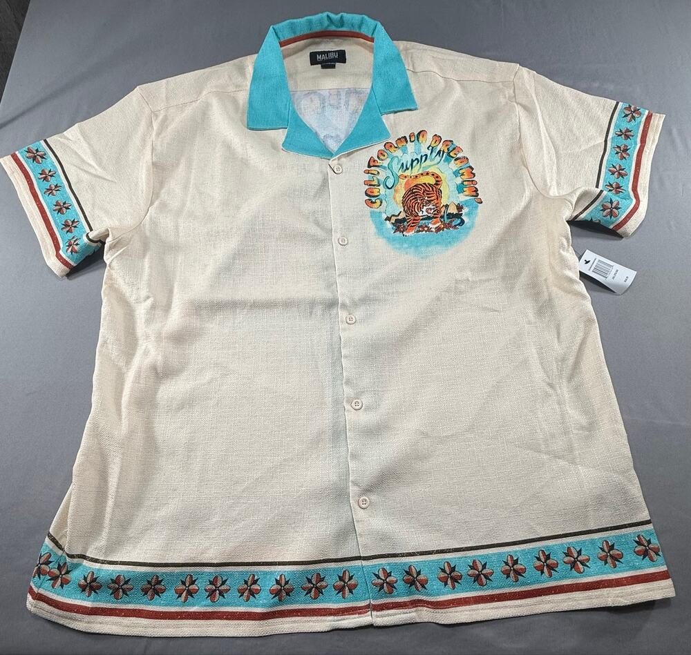 Malibu California Dreamin Tiger Camp Shirt Mens 2XL NWT Tropical Beach Button Up